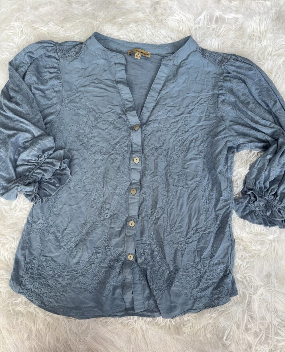 Democracy M Delicate Blue Textured Design Tunic Style Top. Elegant, Comfortable